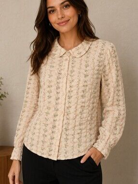PEACH Floral Butterfly Puckered Peter Pan Button-Up Long Sleeve Shirt